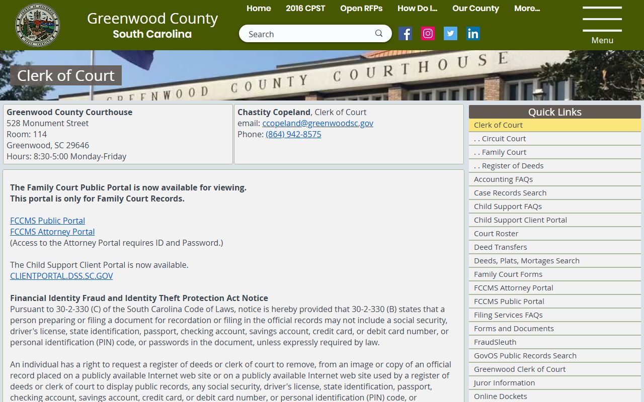 Greenwood County Clerk of Court official page for dissolution of marriage record requests
