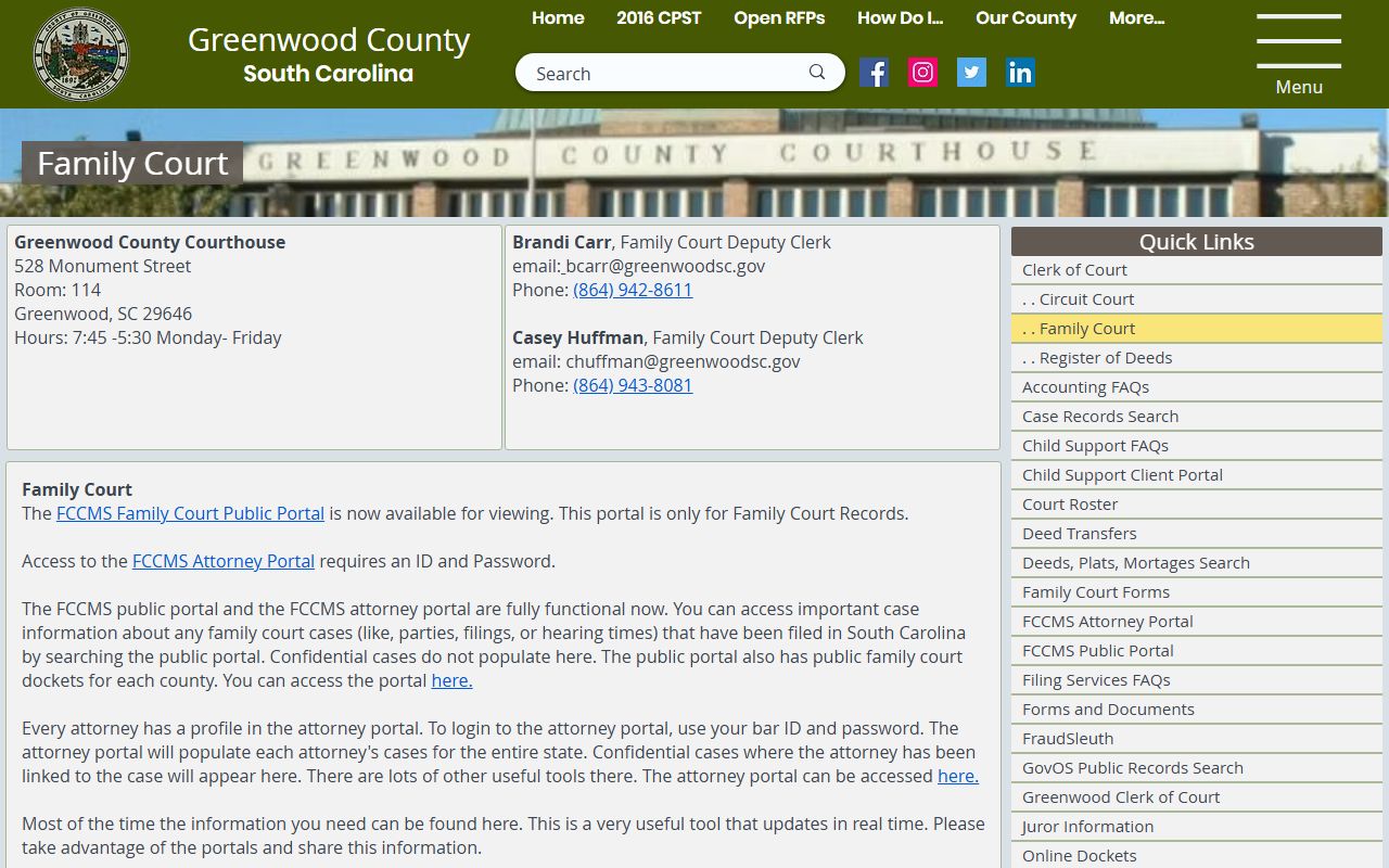 Greenwood County Family Court information page for dissolution of marriage filings and records