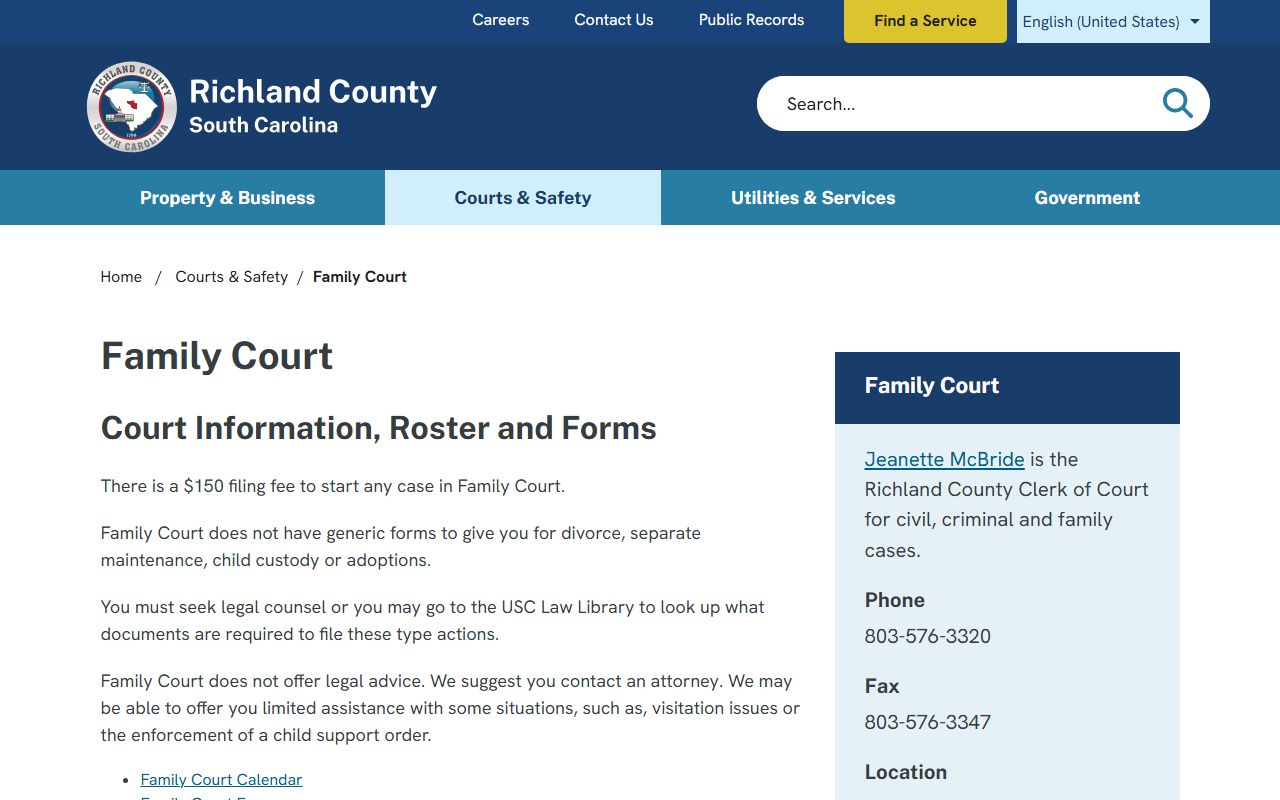 Richland County Family Court website for dissolution of marriage filings in Columbia SC