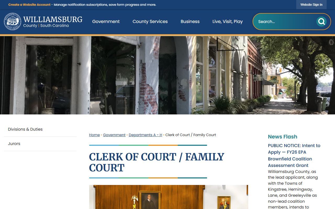 Williamsburg County Clerk of Court and Family Court website for dissolution of marriage records