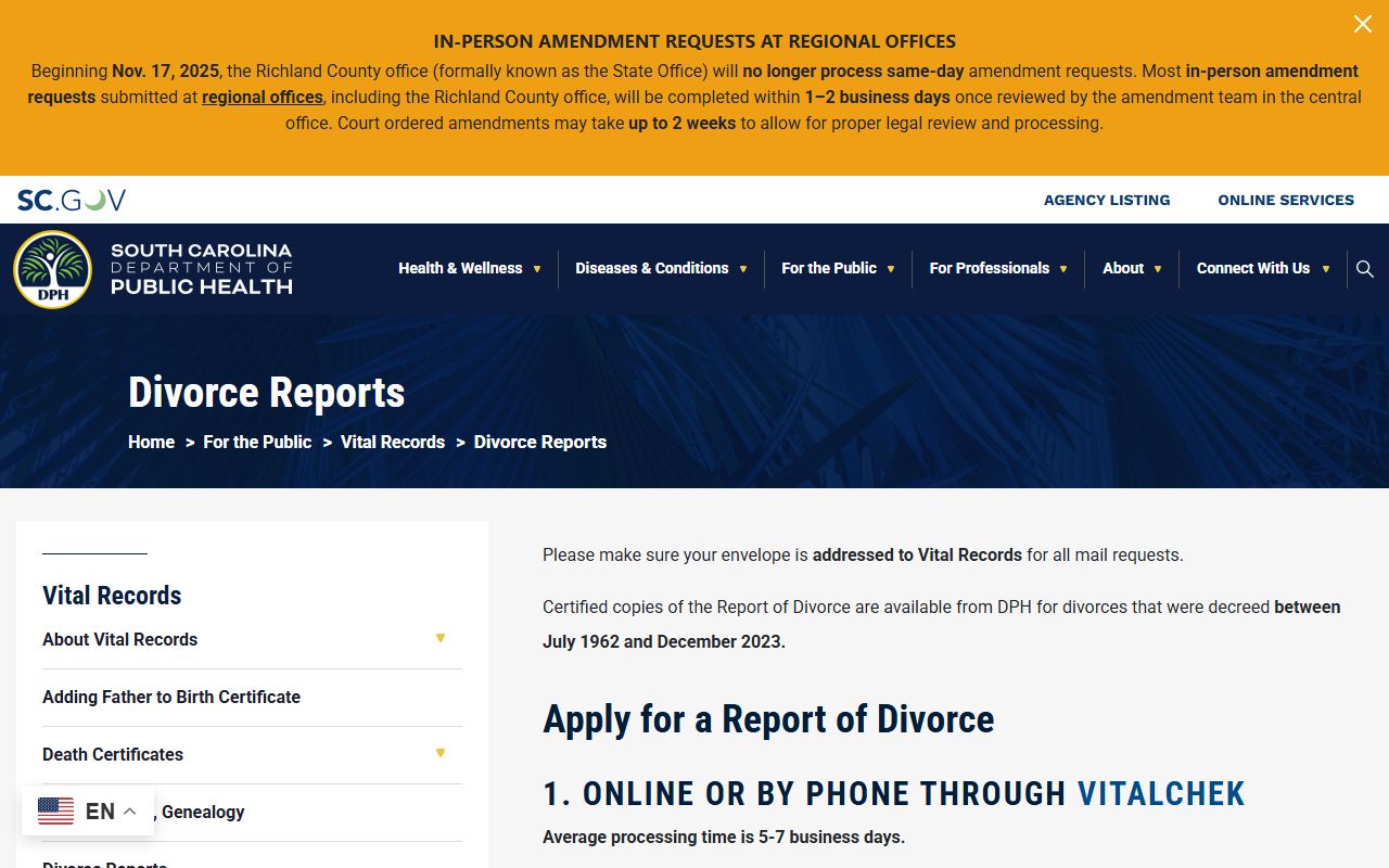 South Carolina Department of Public Health divorce reports and vital records