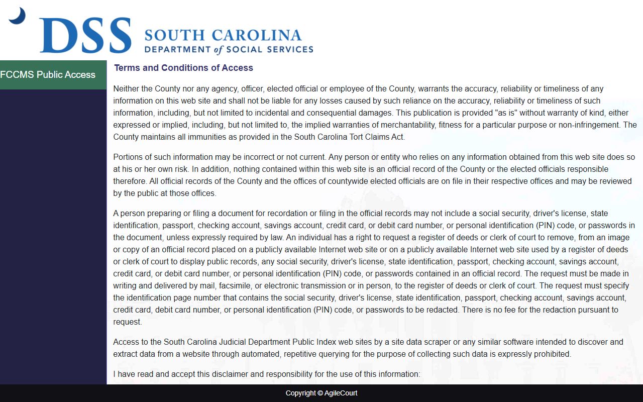 South Carolina Family Court Case Management System public portal for dissolution of marriage records