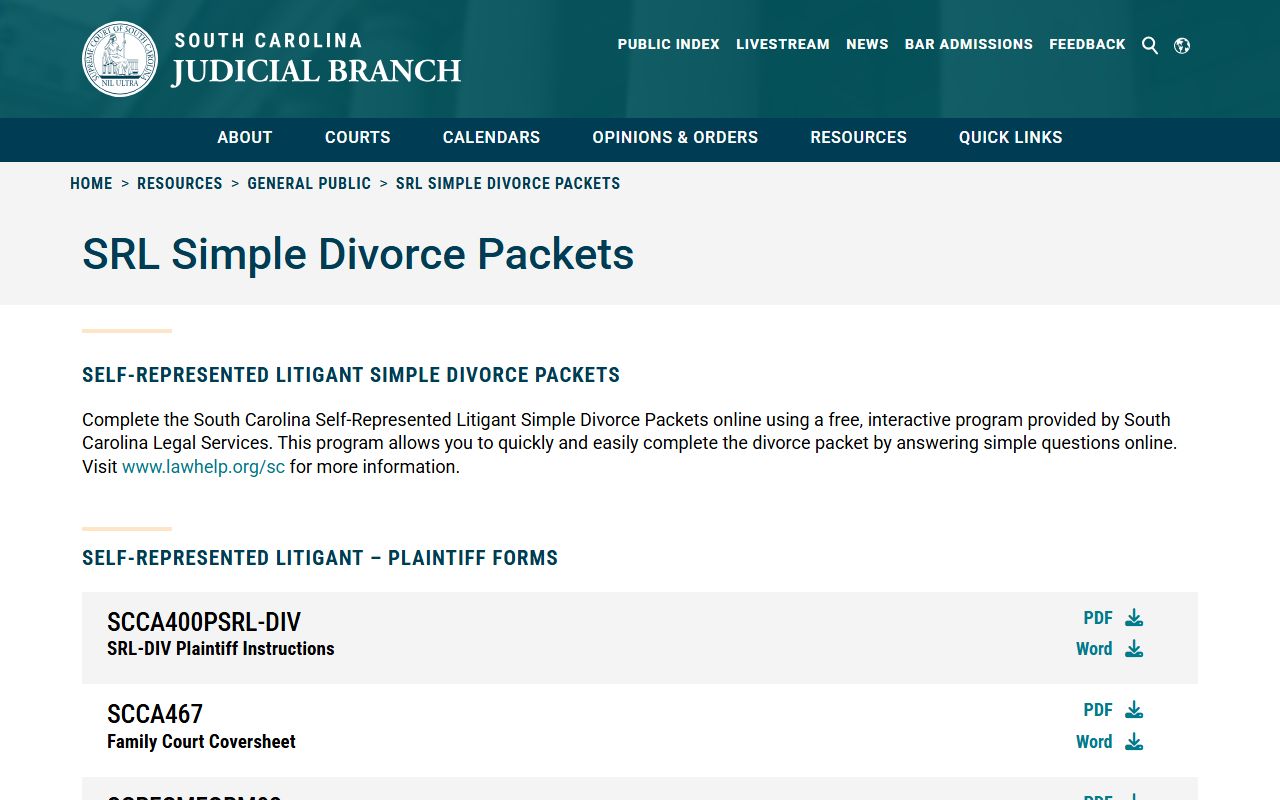 South Carolina self-represented litigant divorce packets and court forms